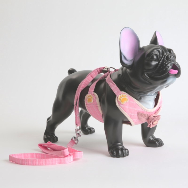 Komfortabel step-in hundesele med tilhørende matchende hundebånd i rosa. Selen har en søt blomst på brystet. Brystsele er enkel å ta av og på.