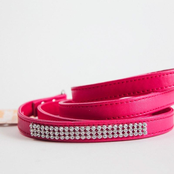 Elegant rødt «diamant» kobbel / hundebånd i slitesterkt kunstlær. Båndet har et stilrent design og dekorert med krystallstener. Båndets lengde er 120 cm. hundebånd, kobbel, leiebånd, hundelenke