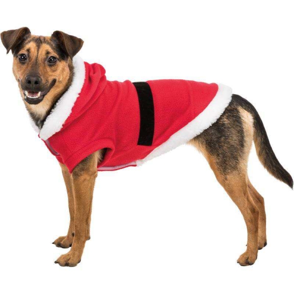 Denne nissedrakten er myk og behagelig for hunden og perfekt tilbehør til julefotografering eller på en helt vanlig luftetur med hunden. Laget i fleece, Festes under magen med borrelås, Med hette