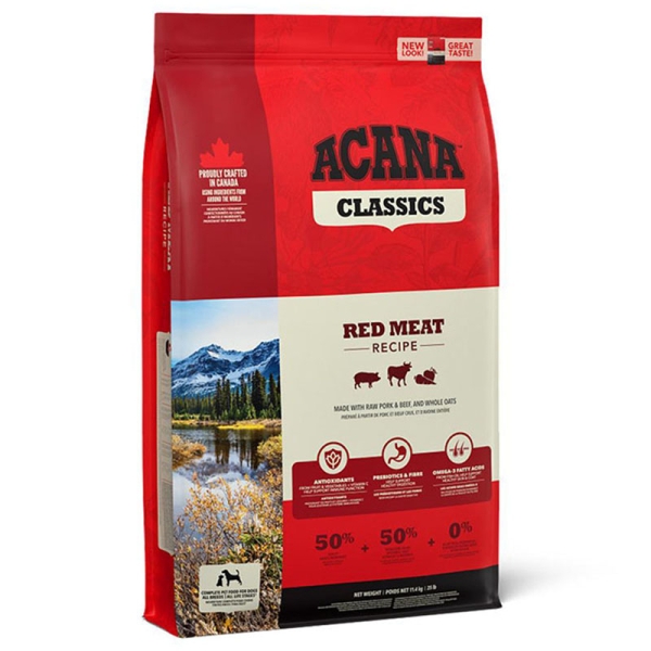Tørrfôr til hund, acana hund, acana classics, acana red meat, acana red meat 17kg, acana red meat 14,5kg, acana tørrfor, acana rødt kjøtt, okse tørrfôr