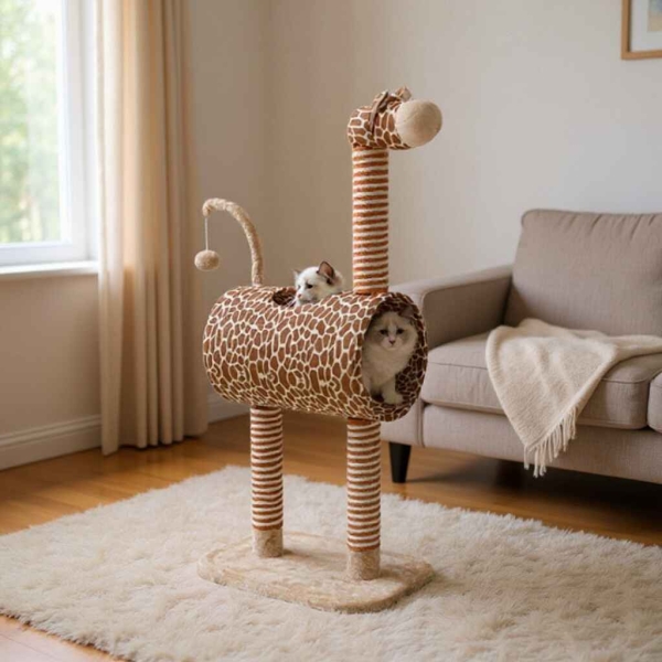 Klorestativ katt, kattestativ, kattehus, kattemøbel, kloremøbel katt, kattetre, klatrestativ katt, giraff kattehus, giraff kattestativ, kattestativ med hule