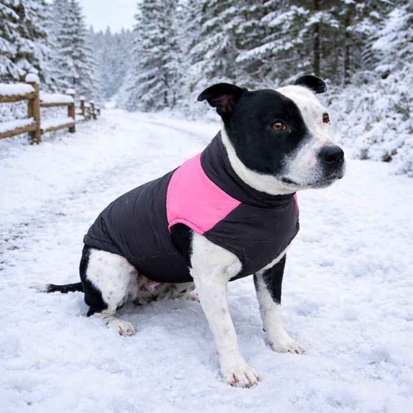 Dekken hund, vinterjakke hund, hundejakke med feste til kobbel, rosa hundedekken