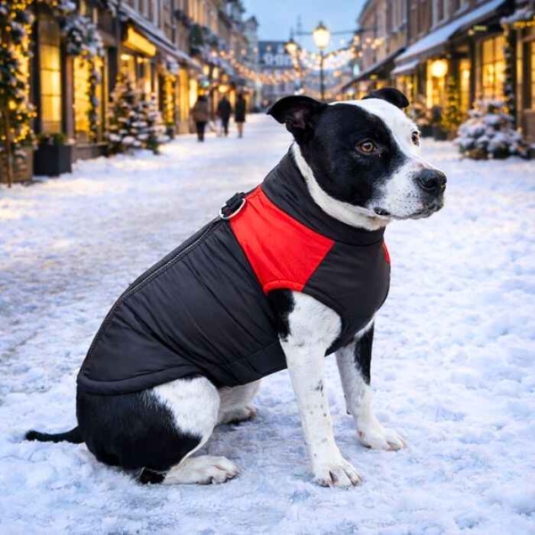 Dekken hund, vinterjakke hund, hundejakke med feste til kobbel, rød hundedekken