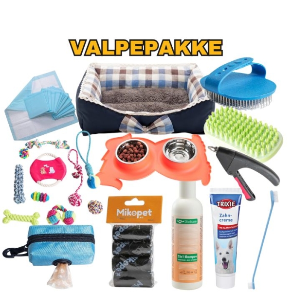 valpepakke, utstyr til valp, startpakke valp, hundeseng, valpeseng, pleieutstyr valp, leker til valp, tissematter valp, sjampo valp, tannkrem valp, børste valp