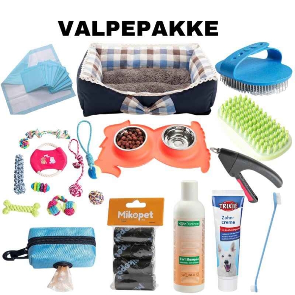 valpepakke, utstyr til valp, startpakke valp, hundeseng, valpeseng, pleieutstyr valp, leker til valp, tissematter valp, sjampo valp, tannkrem valp, børste valp