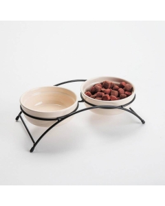 Keramikk mat og drikkebolle på stålstativ - Khaki