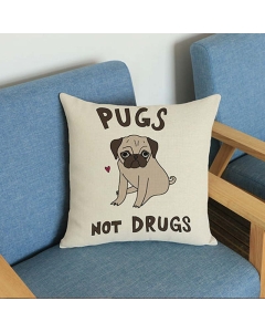Putetrekk med Pug illustrasjon "Pugs not drugs" 43,5x43,5 cm