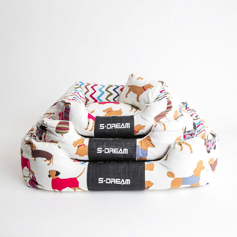 Product Image for S-Dream hundemønstret hundeseng og katteseng med kosepute i 3 str.